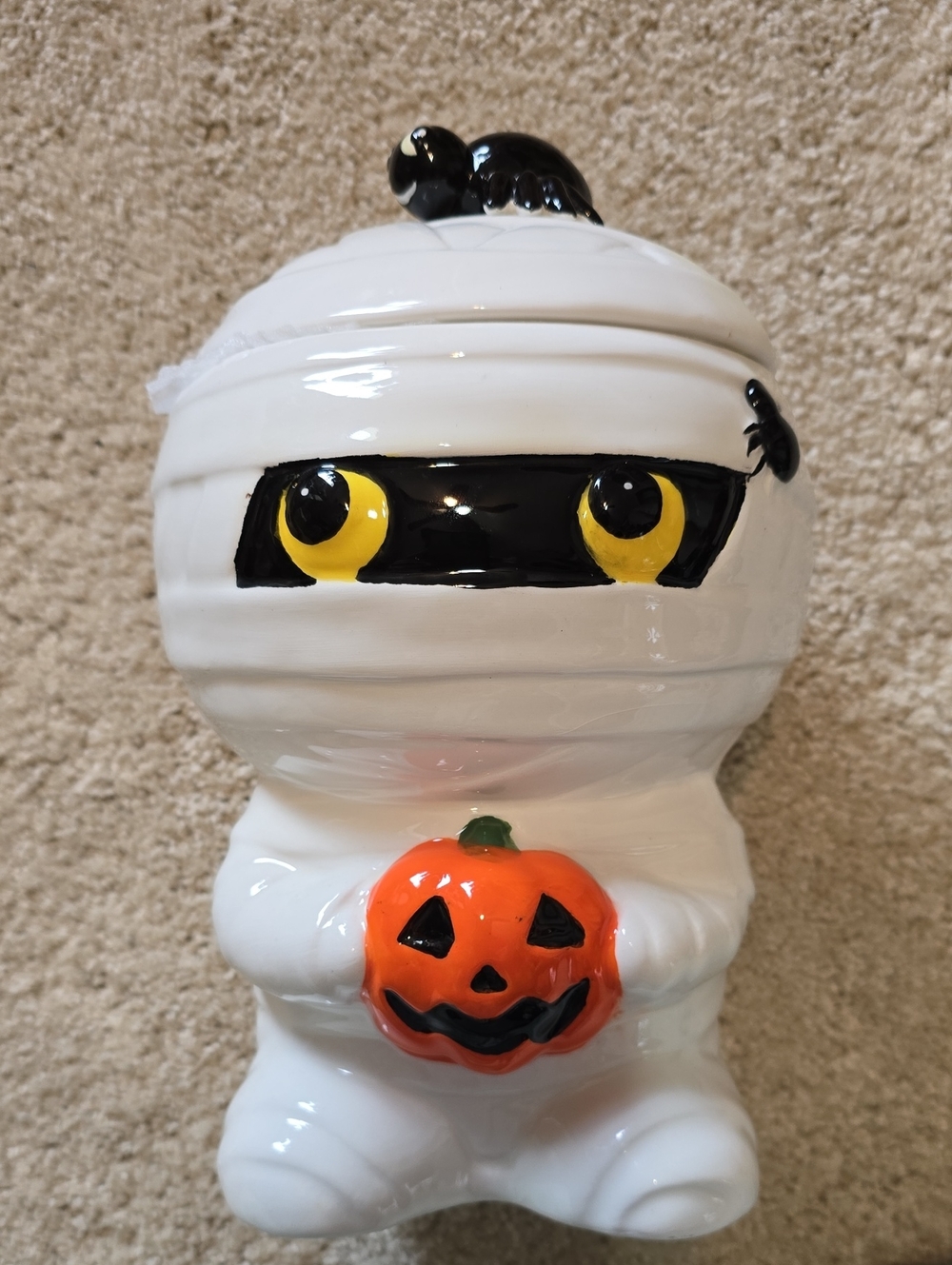 New Mummy Glass Cookie Jar with Orange Pumpkin Accessory Approx 10 " H
